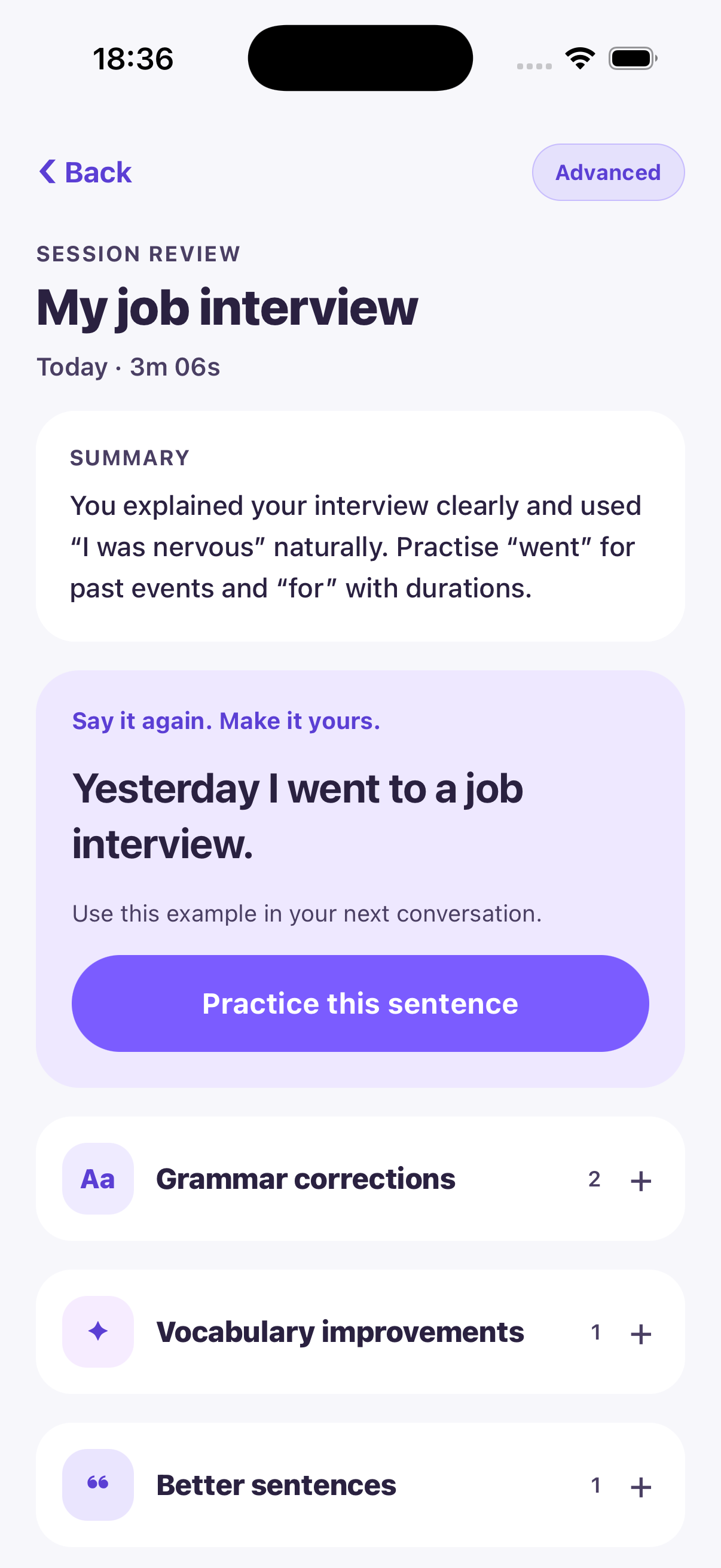 Talkexa 1.4 preview: session feedback with a saved sentence to practise
